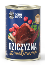 JOHN DOG Pure DZIK Z MALINAMI 96% mięsa dzika karma mokra puszka psa 400g